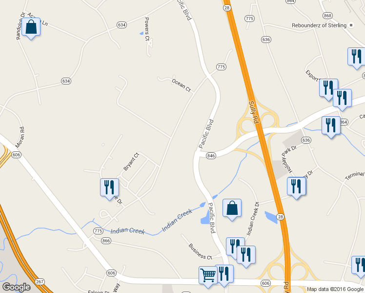 map of restaurants, bars, coffee shops, grocery stores, and more near Prologis Plaza in Sterling