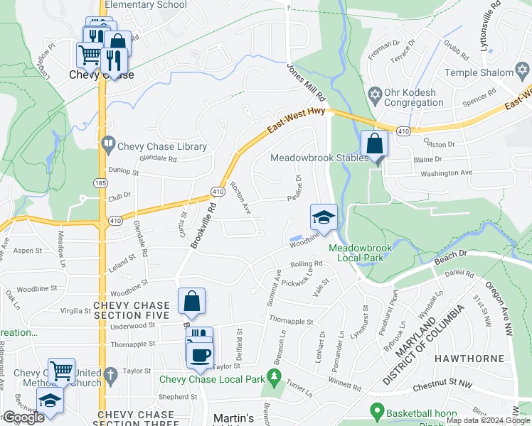 map of restaurants, bars, coffee shops, grocery stores, and more near 7737 Rocton Court in Chevy Chase