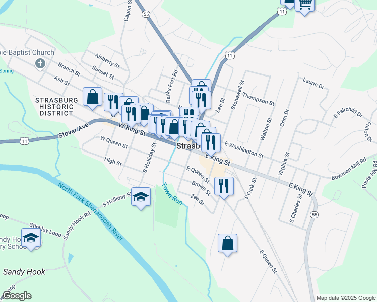 map of restaurants, bars, coffee shops, grocery stores, and more near in Strasburg