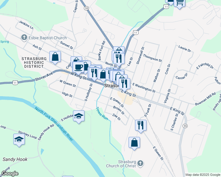 map of restaurants, bars, coffee shops, grocery stores, and more near in Strasburg