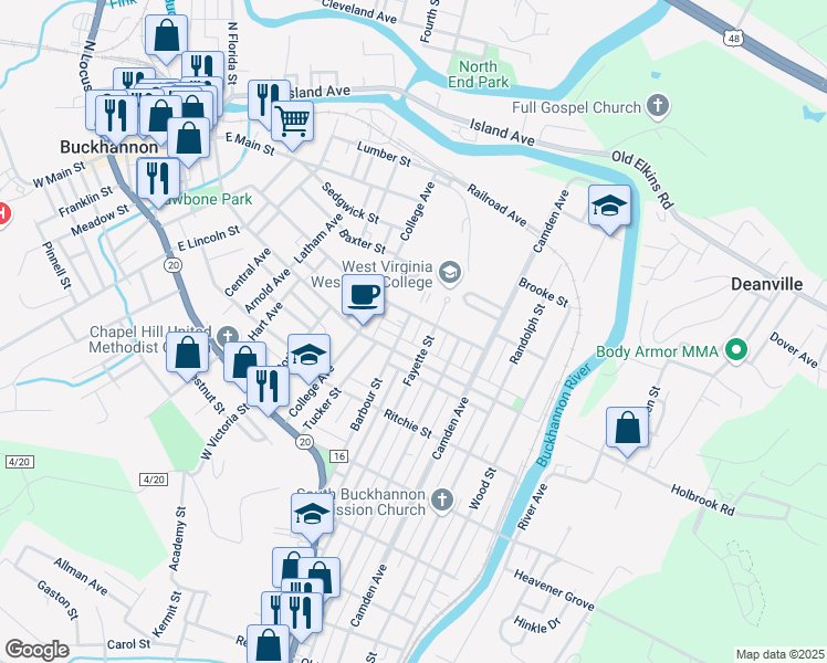 map of restaurants, bars, coffee shops, grocery stores, and more near 79-87 Fayette St in Buckhannon