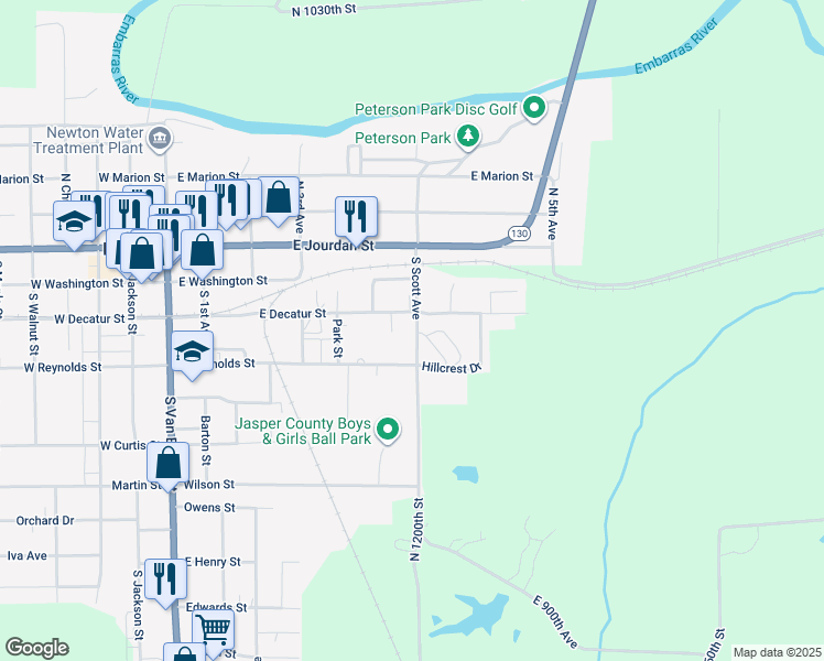 map of restaurants, bars, coffee shops, grocery stores, and more near 301-399 South Scott Avenue in Newton
