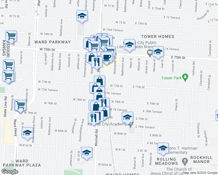 map of restaurants, bars, coffee shops, grocery stores, and more near 220 West 77th Terrace in Kansas City