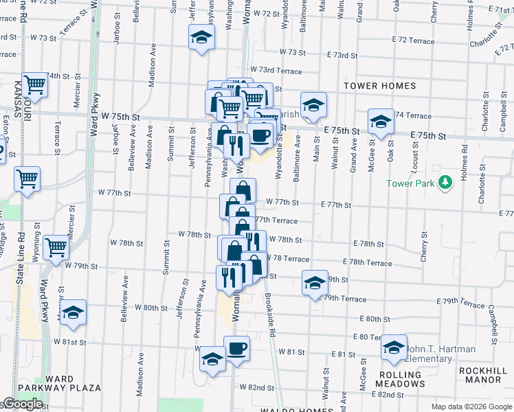 map of restaurants, bars, coffee shops, grocery stores, and more near 220 West 77th Terrace in Kansas City