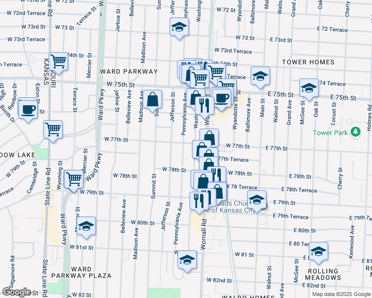 map of restaurants, bars, coffee shops, grocery stores, and more near 7722 Washington Street in Kansas City