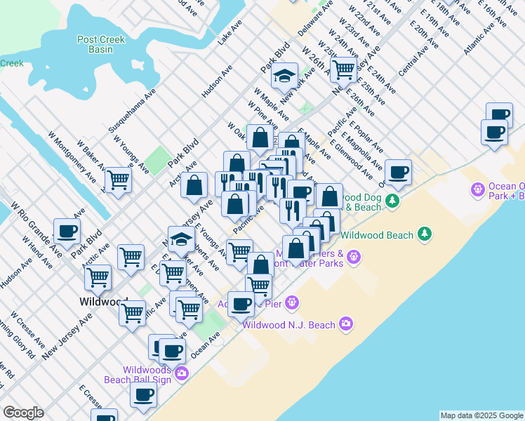 map of restaurants, bars, coffee shops, grocery stores, and more near 3801 Pacific Avenue in Wildwood