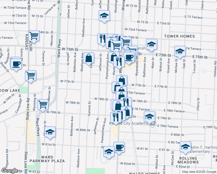 map of restaurants, bars, coffee shops, grocery stores, and more near 7722 Washington Street in Kansas City