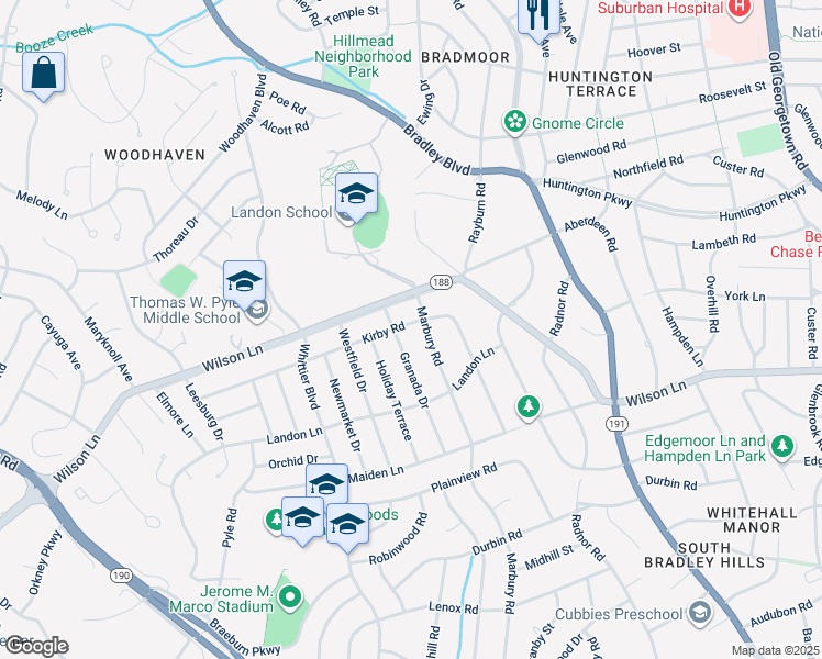 map of restaurants, bars, coffee shops, grocery stores, and more near 6014 Kirby Road in Bethesda