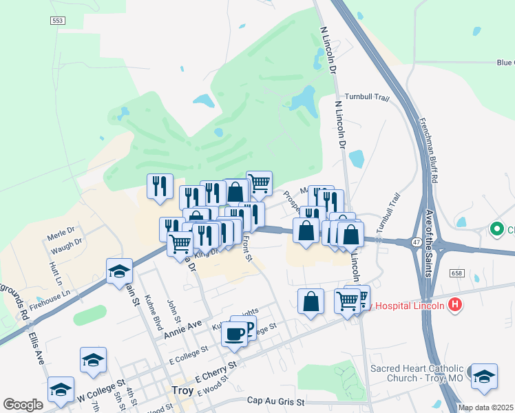 map of restaurants, bars, coffee shops, grocery stores, and more near 1 Troy Square in Troy