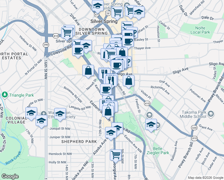 map of restaurants, bars, coffee shops, grocery stores, and more near 8030 Georgia Avenue in Silver Spring