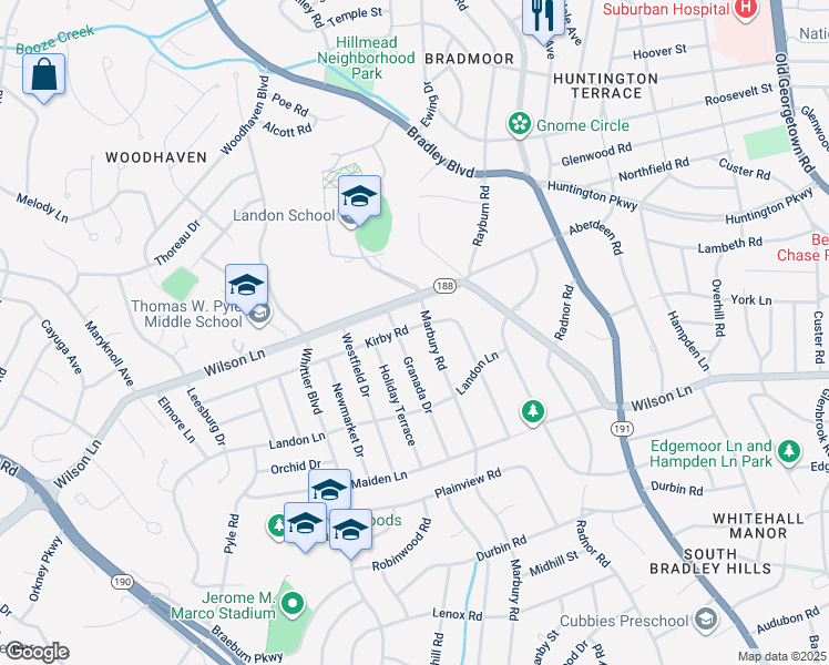 map of restaurants, bars, coffee shops, grocery stores, and more near 6014 Kirby Road in Bethesda