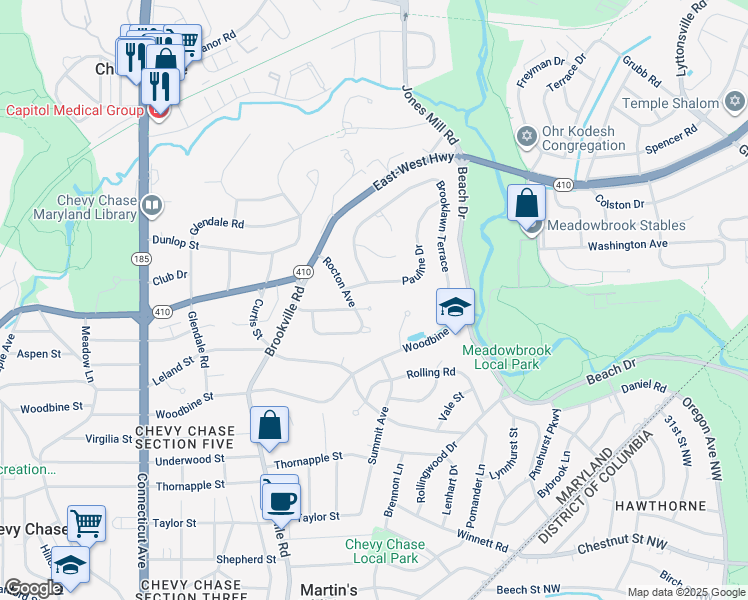 map of restaurants, bars, coffee shops, grocery stores, and more near 7737 Rocton Court in Chevy Chase