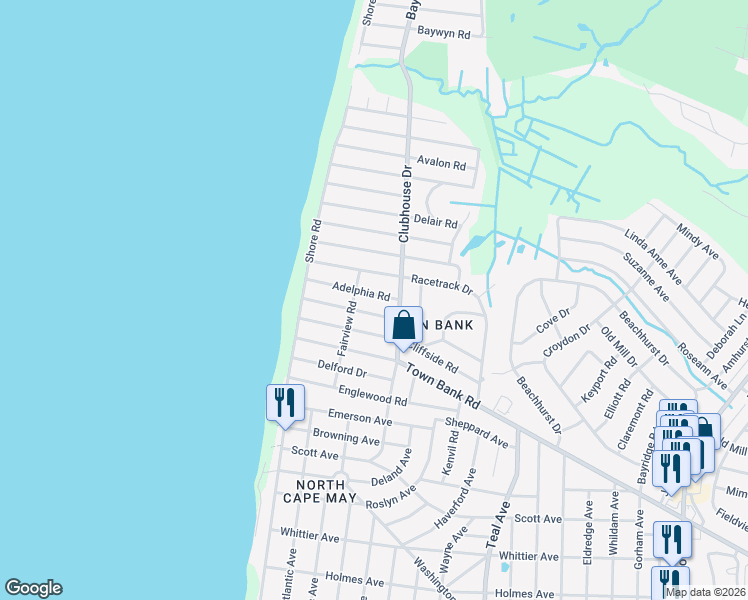 map of restaurants, bars, coffee shops, grocery stores, and more near 33 Beverly Road in North Cape May
