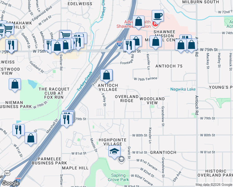map of restaurants, bars, coffee shops, grocery stores, and more near 9529 West 78th Street in Overland Park
