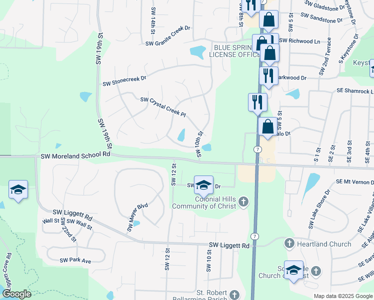 map of restaurants, bars, coffee shops, grocery stores, and more near 1108 Southwest Misty Creek in Blue Springs