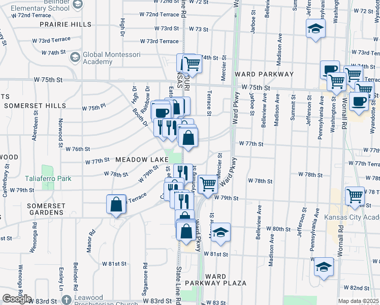 map of restaurants, bars, coffee shops, grocery stores, and more near 7727 State Line Road in Kansas City