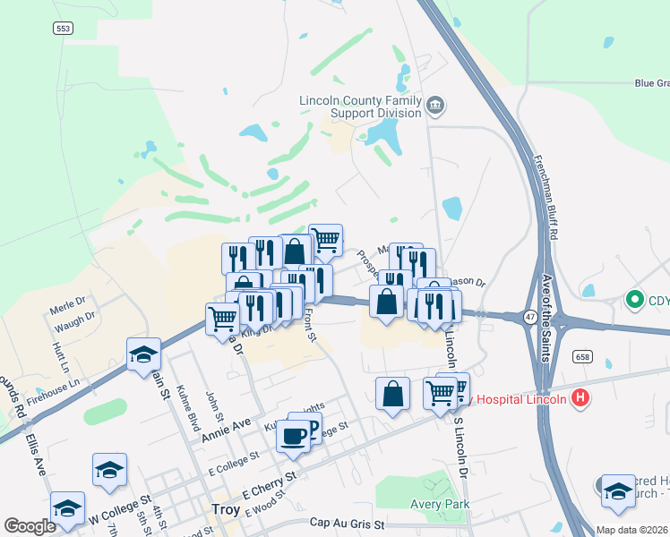 map of restaurants, bars, coffee shops, grocery stores, and more near 25 Troy Square in Troy