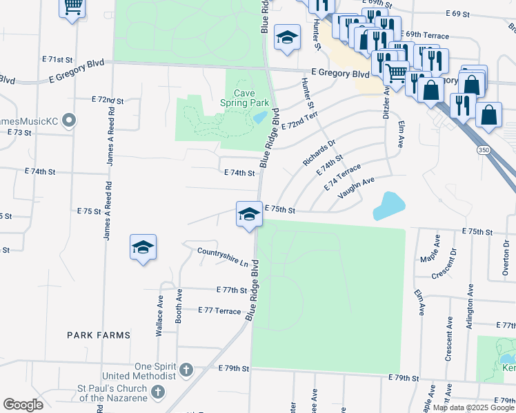 map of restaurants, bars, coffee shops, grocery stores, and more near Blue Ridge Blvd & E 75th St in Raytown