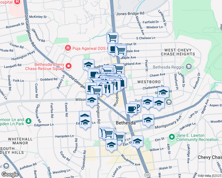 map of restaurants, bars, coffee shops, grocery stores, and more near 4901 Fairmont Avenue in Bethesda