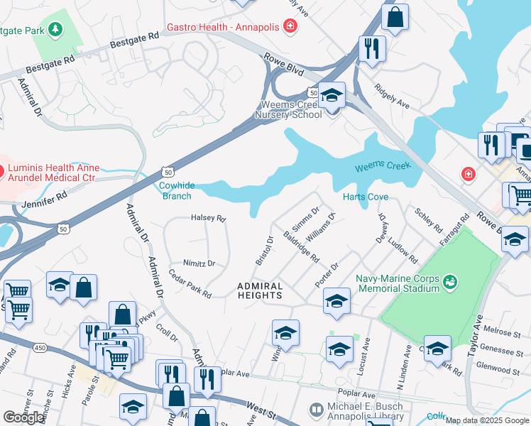 map of restaurants, bars, coffee shops, grocery stores, and more near 173 Williams Drive in Annapolis