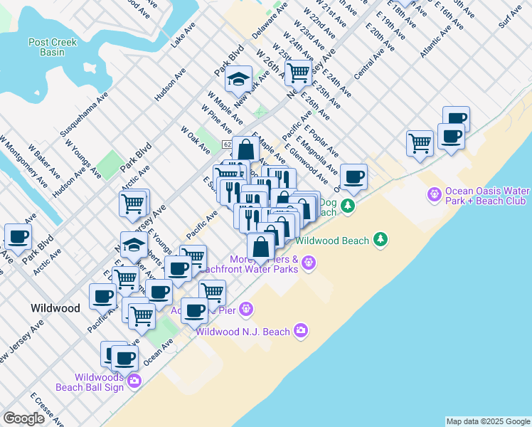 map of restaurants, bars, coffee shops, grocery stores, and more near 3400 Atlantic Avenue in Wildwood