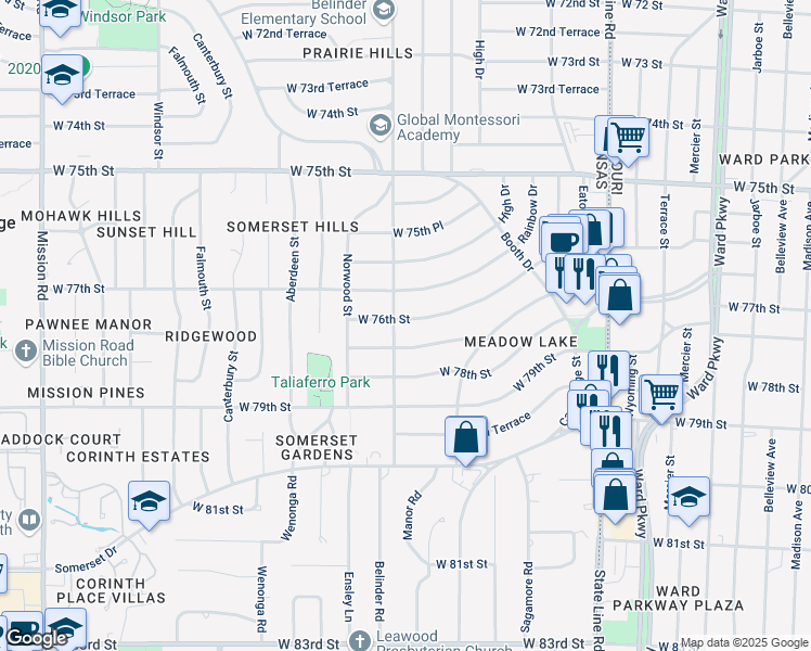 map of restaurants, bars, coffee shops, grocery stores, and more near 2613 West 76th Street in Prairie Village