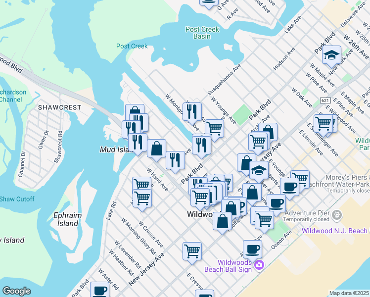 map of restaurants, bars, coffee shops, grocery stores, and more near 338 West Burk Avenue in Wildwood