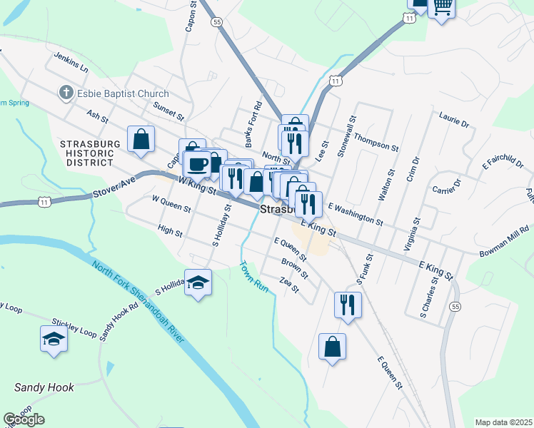 map of restaurants, bars, coffee shops, grocery stores, and more near 229 East Queen Street in Strasburg
