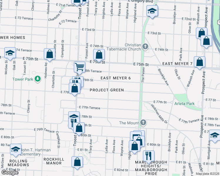 map of restaurants, bars, coffee shops, grocery stores, and more near 1417 East 76th Terrace in Kansas City