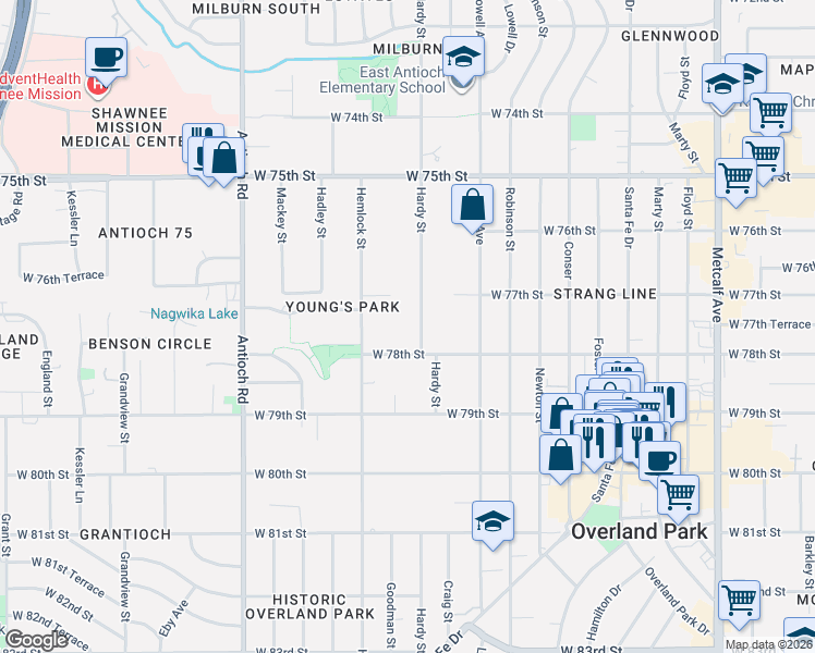 map of restaurants, bars, coffee shops, grocery stores, and more near 8112 West 78th Street in Overland Park