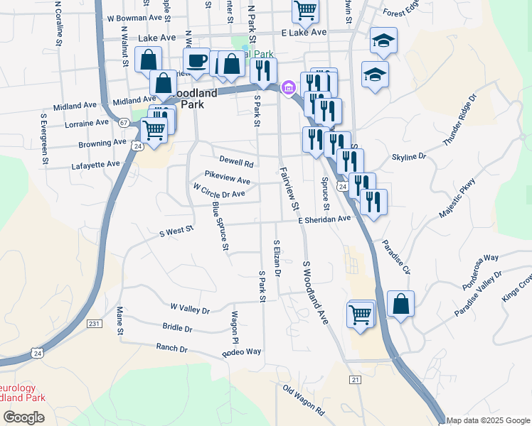 map of restaurants, bars, coffee shops, grocery stores, and more near 120 East Sheridan Avenue in Woodland Park