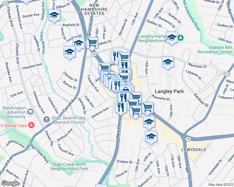map of restaurants, bars, coffee shops, grocery stores, and more near 7690 New Hampshire Avenue in Takoma Park