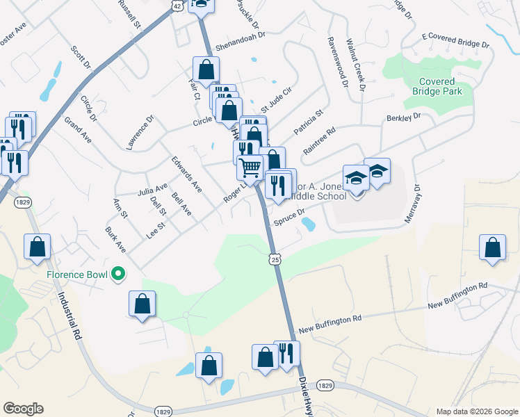map of restaurants, bars, coffee shops, grocery stores, and more near 7866-7898 Dixie Highway in Florence
