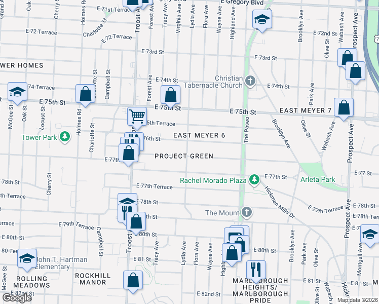 map of restaurants, bars, coffee shops, grocery stores, and more near 1417 East 76th Terrace in Kansas City