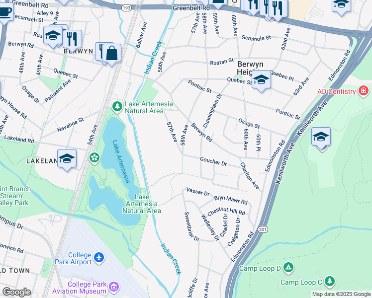 map of restaurants, bars, coffee shops, grocery stores, and more near 8405 58th Avenue in Berwyn Heights