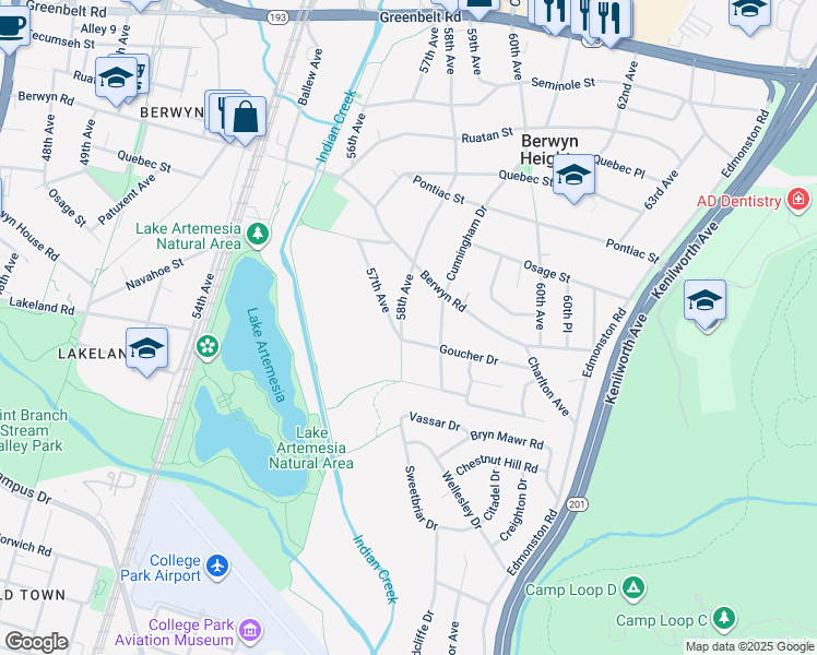 map of restaurants, bars, coffee shops, grocery stores, and more near 8405 58th Avenue in Berwyn Heights