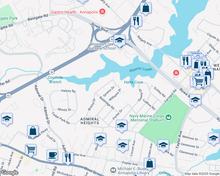 map of restaurants, bars, coffee shops, grocery stores, and more near 111 Simms Drive in Annapolis