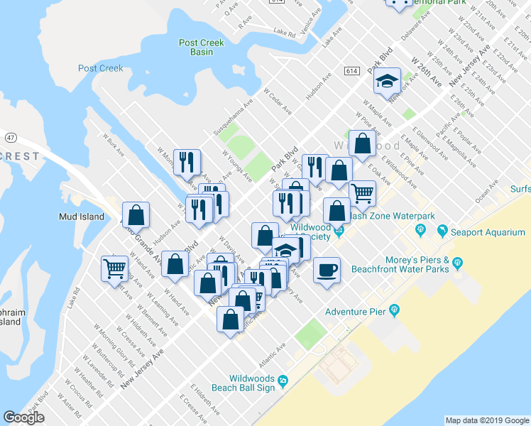 map of restaurants, bars, coffee shops, grocery stores, and more near 129 West Baker Avenue in Wildwood