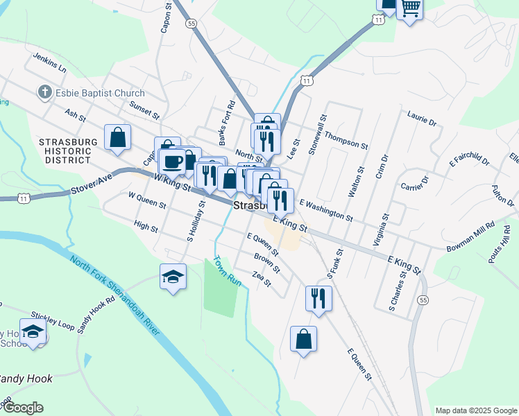 map of restaurants, bars, coffee shops, grocery stores, and more near in Strasburg