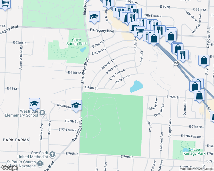 map of restaurants, bars, coffee shops, grocery stores, and more near 8919 East 75th Street in Raytown
