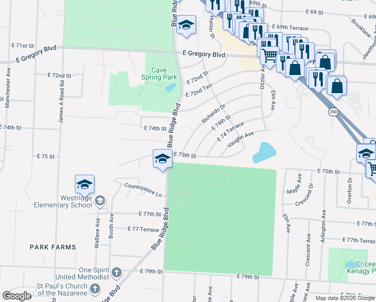 map of restaurants, bars, coffee shops, grocery stores, and more near 8805 East 75th Street in Raytown
