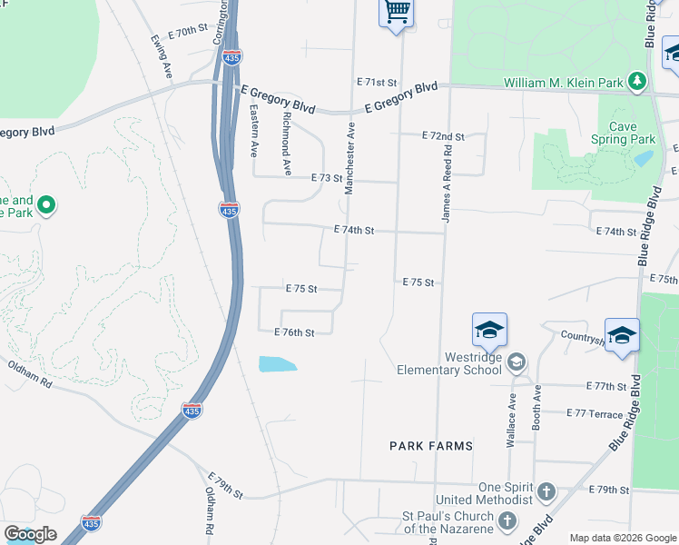 map of restaurants, bars, coffee shops, grocery stores, and more near 7501 Manchester Avenue in Kansas City