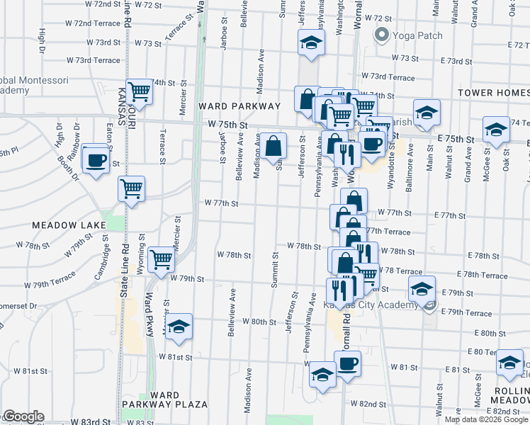 map of restaurants, bars, coffee shops, grocery stores, and more near 7722 Summit Street in Kansas City