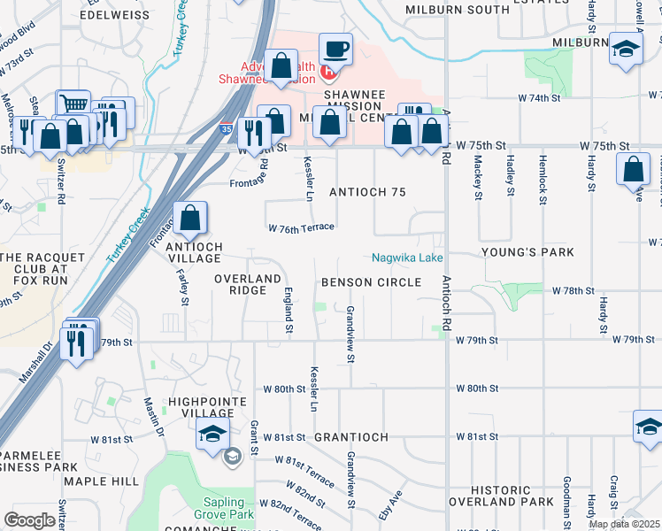 map of restaurants, bars, coffee shops, grocery stores, and more near 9121 West 78th Street in Overland Park