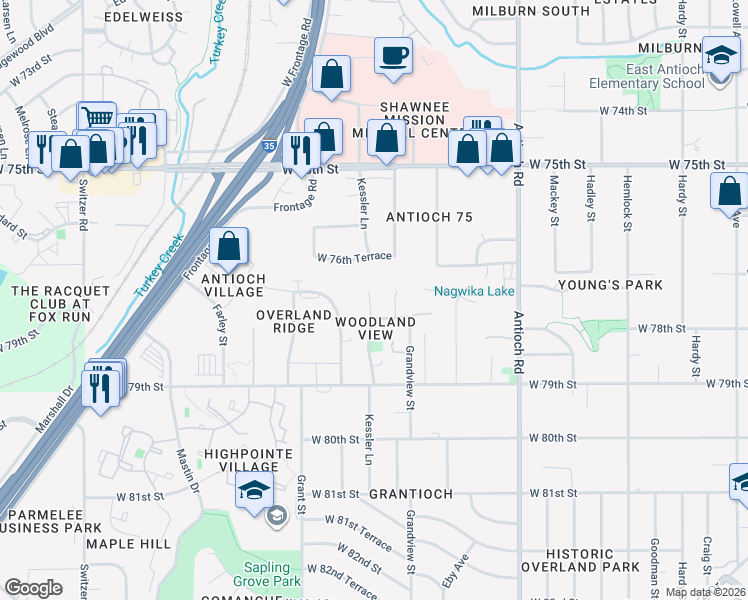 map of restaurants, bars, coffee shops, grocery stores, and more near 9121 West 78th Street in Overland Park