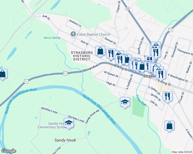 map of restaurants, bars, coffee shops, grocery stores, and more near 390 High Street in Strasburg
