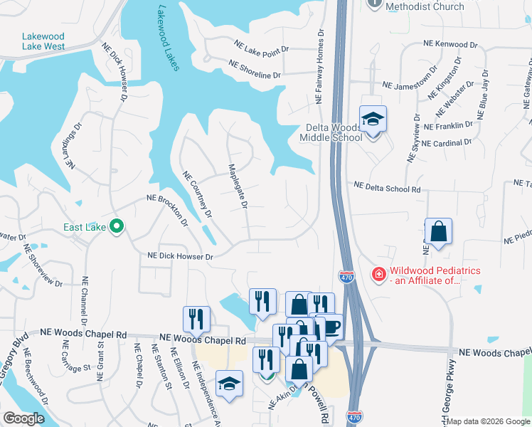 map of restaurants, bars, coffee shops, grocery stores, and more near 708 Ashmont Place in Lee's Summit