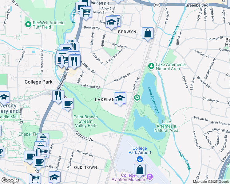 map of restaurants, bars, coffee shops, grocery stores, and more near 5017 Lakeland Road in College Park