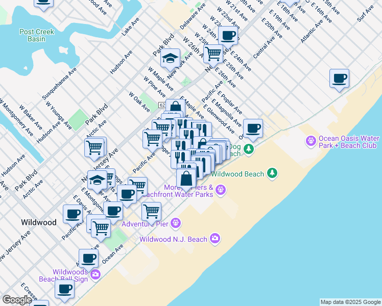 map of restaurants, bars, coffee shops, grocery stores, and more near 3400 Atlantic Avenue in Wildwood