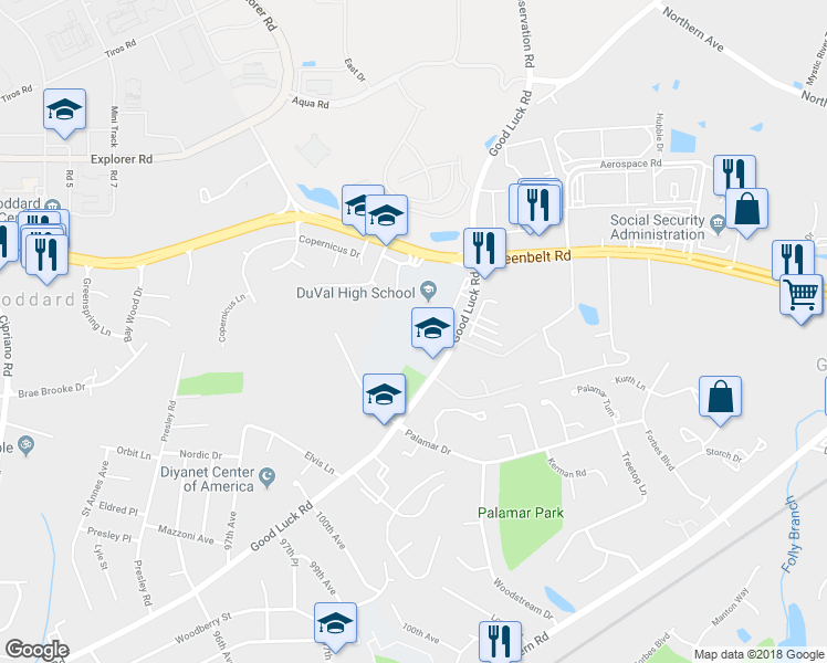 map of restaurants, bars, coffee shops, grocery stores, and more near 9880 Good Luck Road in Lanham-Seabrook